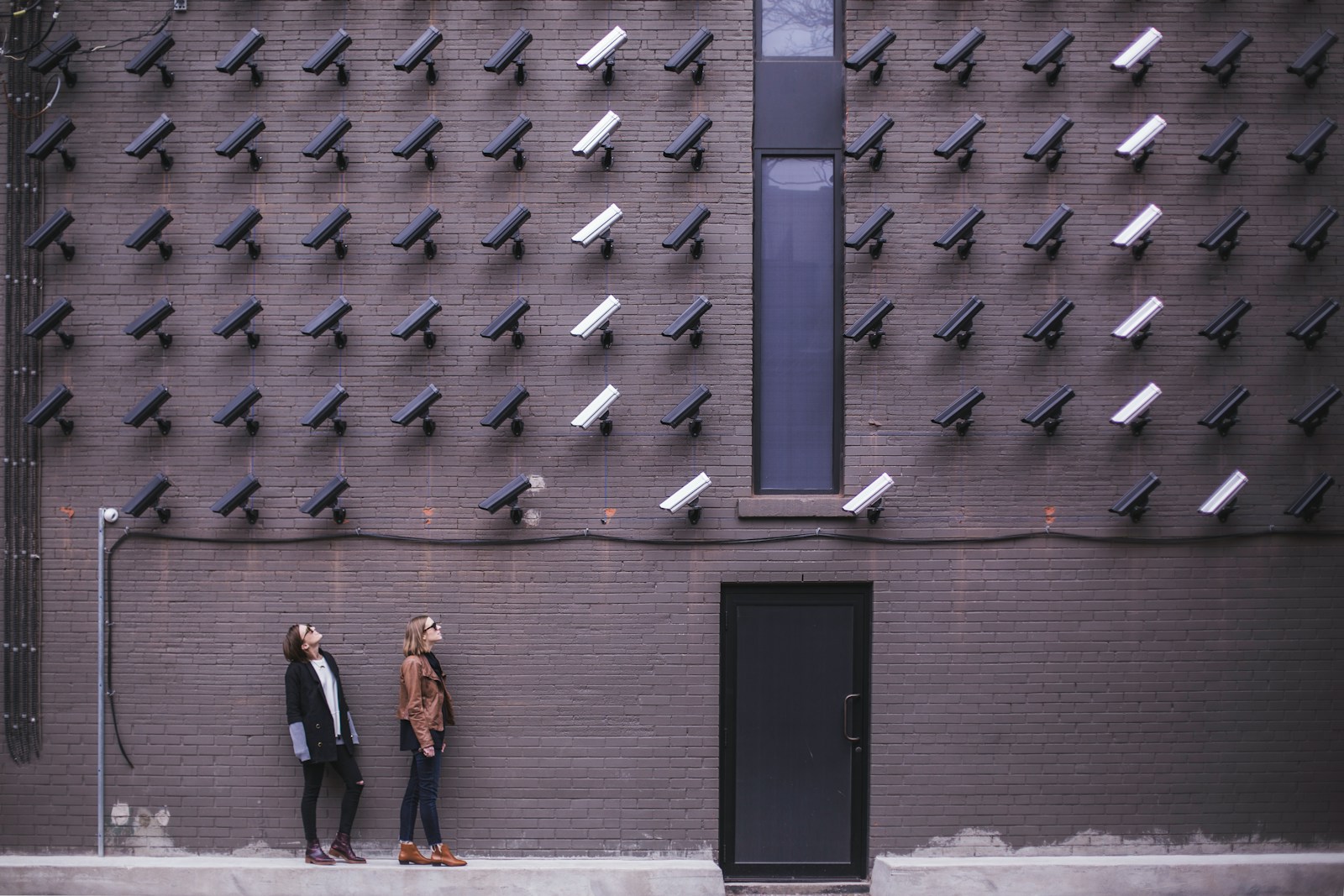 two women facing security camera above mounted on structure