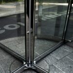 a glass door with a drawing on it