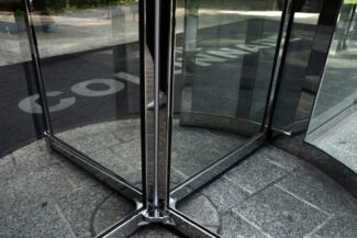 a glass door with a drawing on it